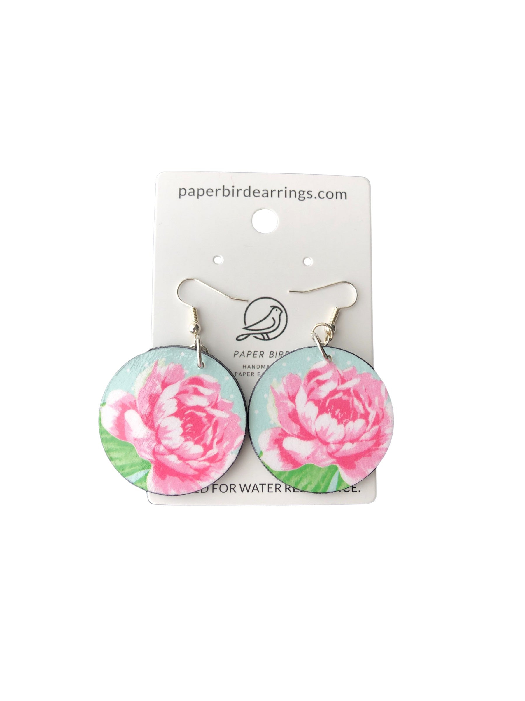 Floral earrings on a branded card with 'paperbirdearrings.com' text.