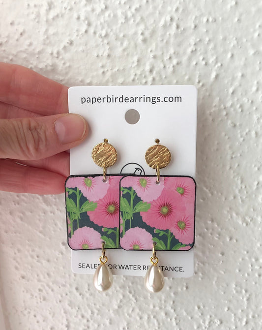handmade square paper earrings with a pink floral design with pearls