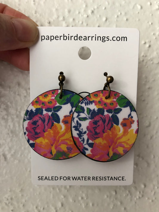 handmade paper earrings pink and orange roses design on antique brass findings