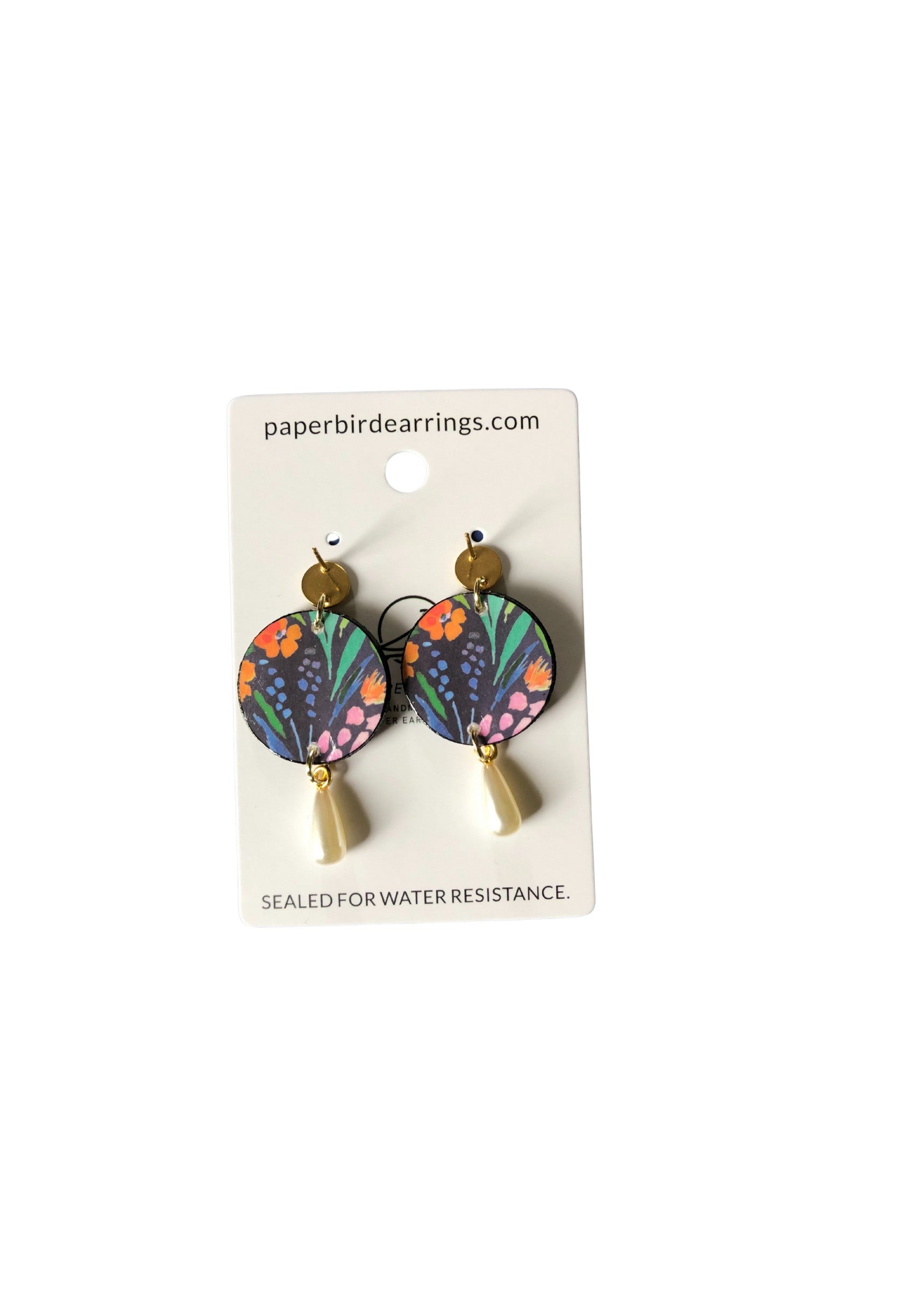 Pair of floral earrings on a 'paperbirdearrings.com' branded card with water resistance seal text.