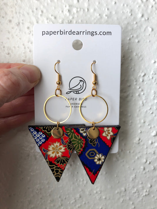 Triangular paper earrings with red and blue patterns paper bird earrings