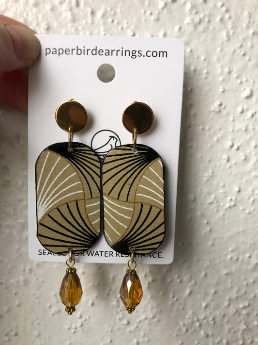 rectangular paper earrings with black beige and gold 