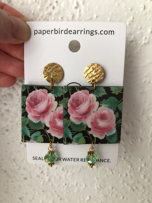 rose flower on green leaves with black background square design handmade paper earrings