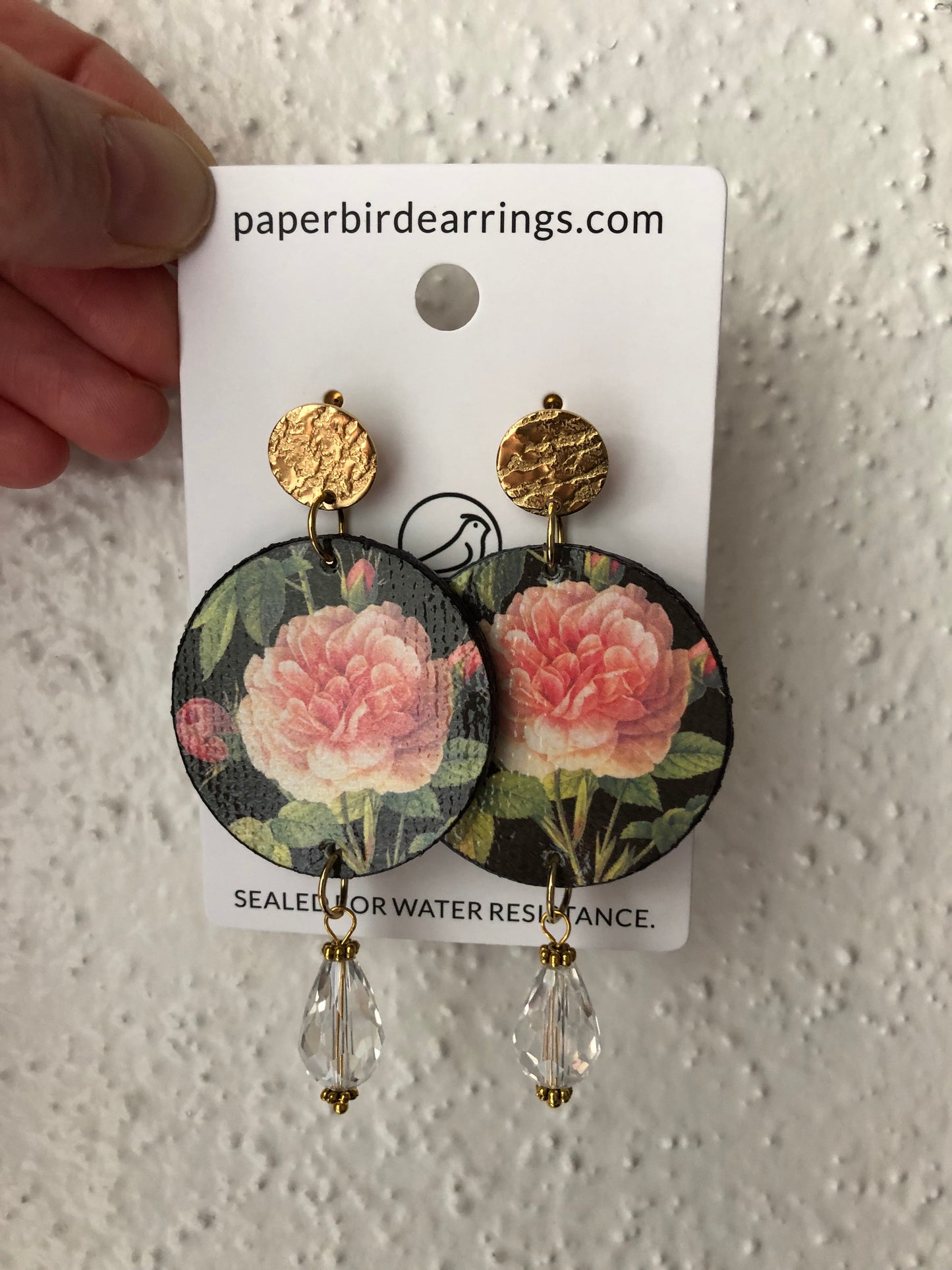 grandiflora roses design on black background handmade paper earrings
