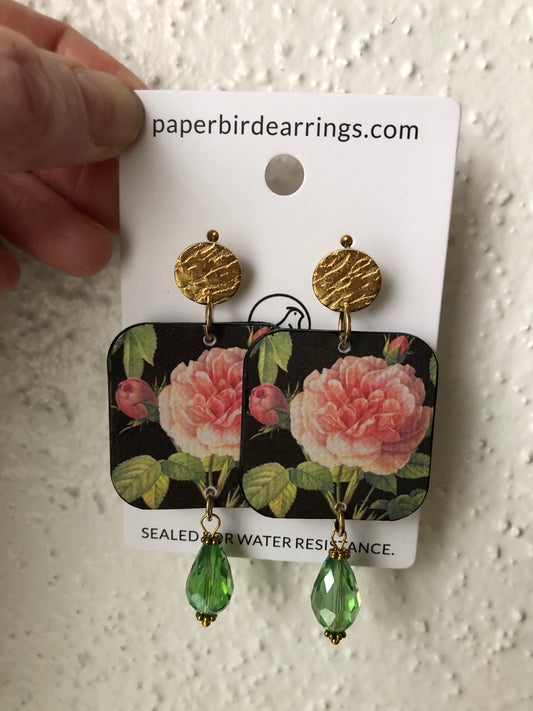 handmade paper earrings with roses in square design