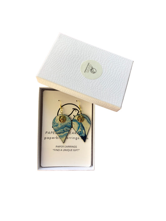 Earrings in a branded box on a white background