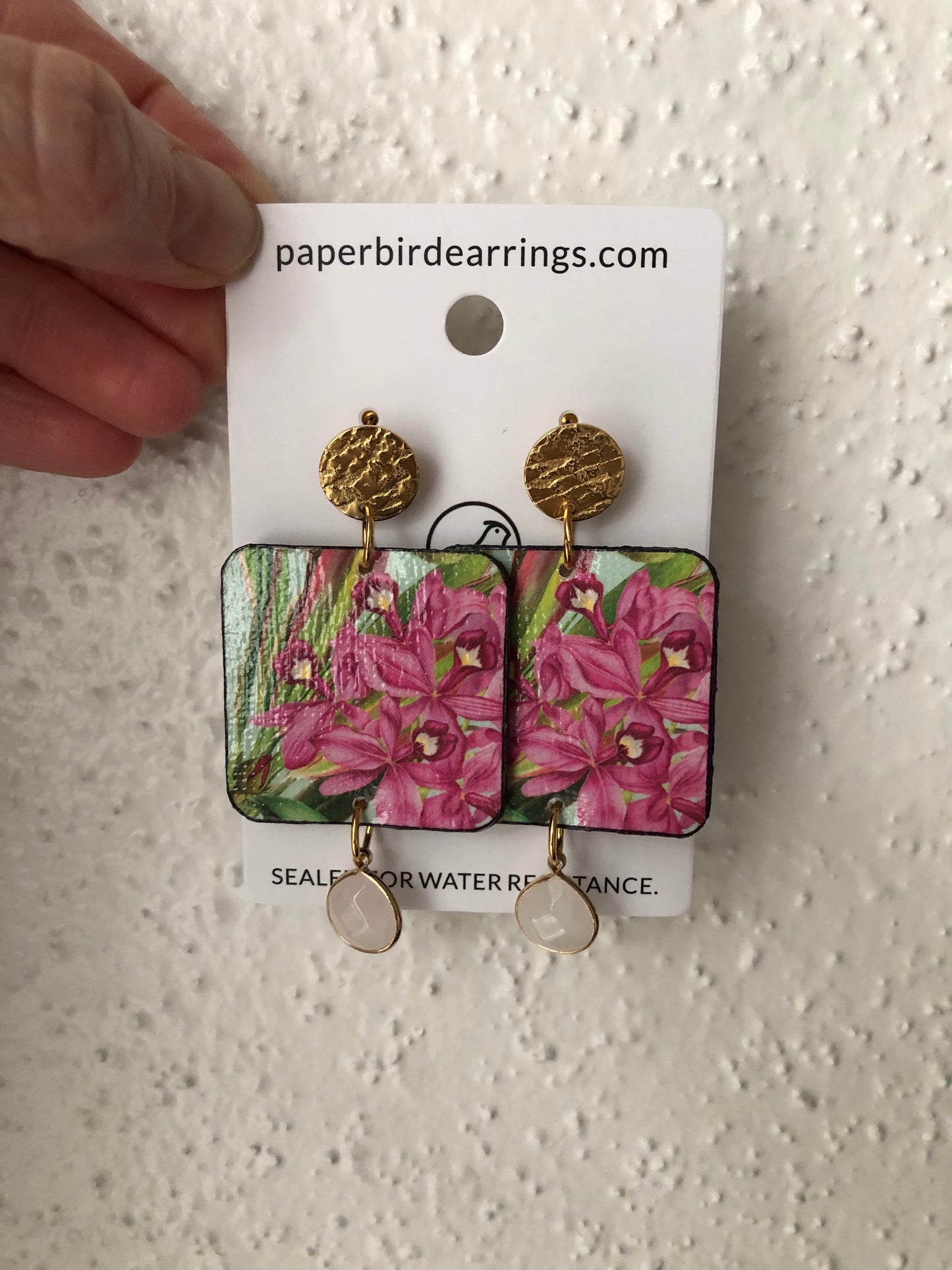 handmade paper earrings square design of tulip flower paper bird earrings