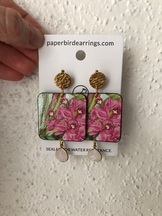handmade paper earrings square design of tulip flower paper bird earrings