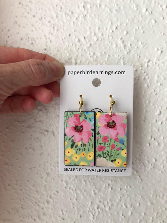 handmade paper earrings rectangle design of watercolor garden paper bird earrings