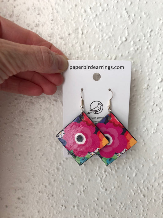 Watercolor fuchsia flower handmade paper earrings on stainless steel hooks