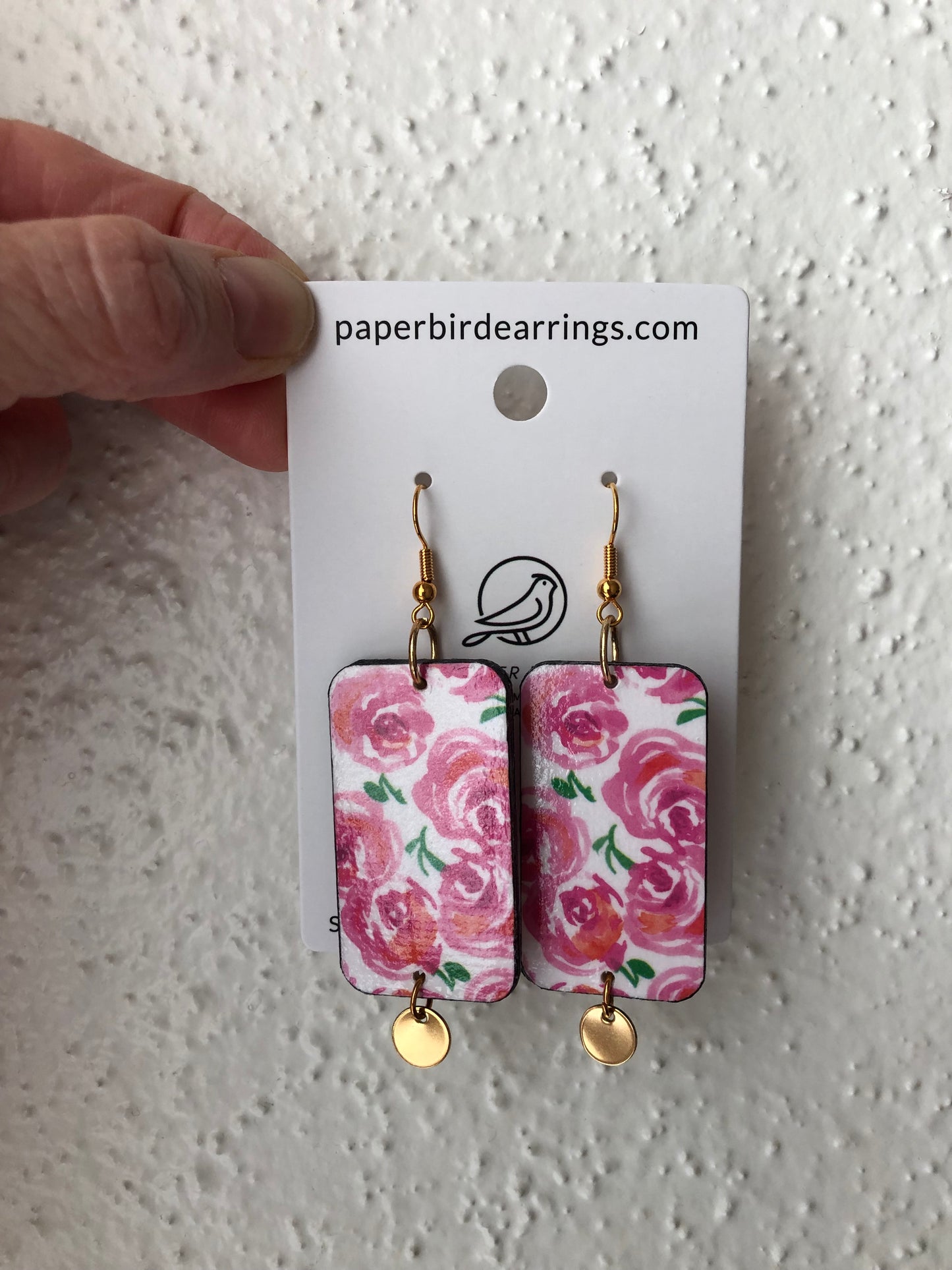 handmade paper earrings watercolor roses design on rectangle shape