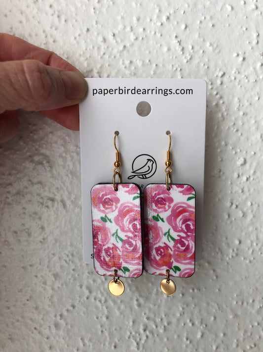 handmade paper earrings watercolor roses design on rectangle shape