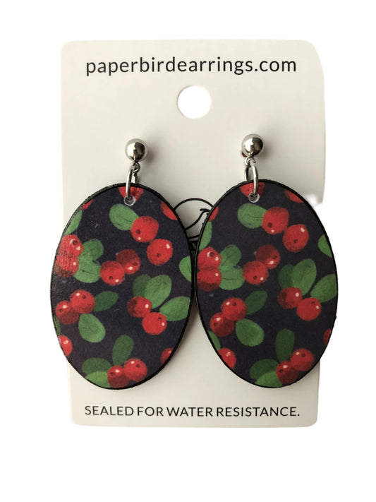 Earrings with cherry pattern on a card held by a hand