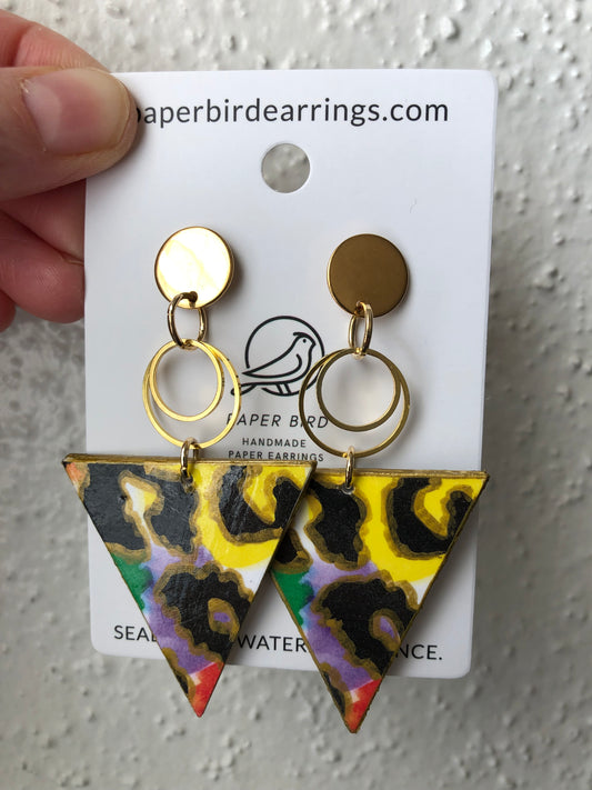 Colorful triangle-shaped earrings with yellow leopard design