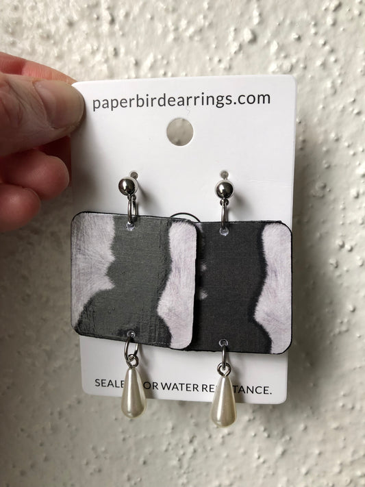 square paper earrings with cow print and pearls