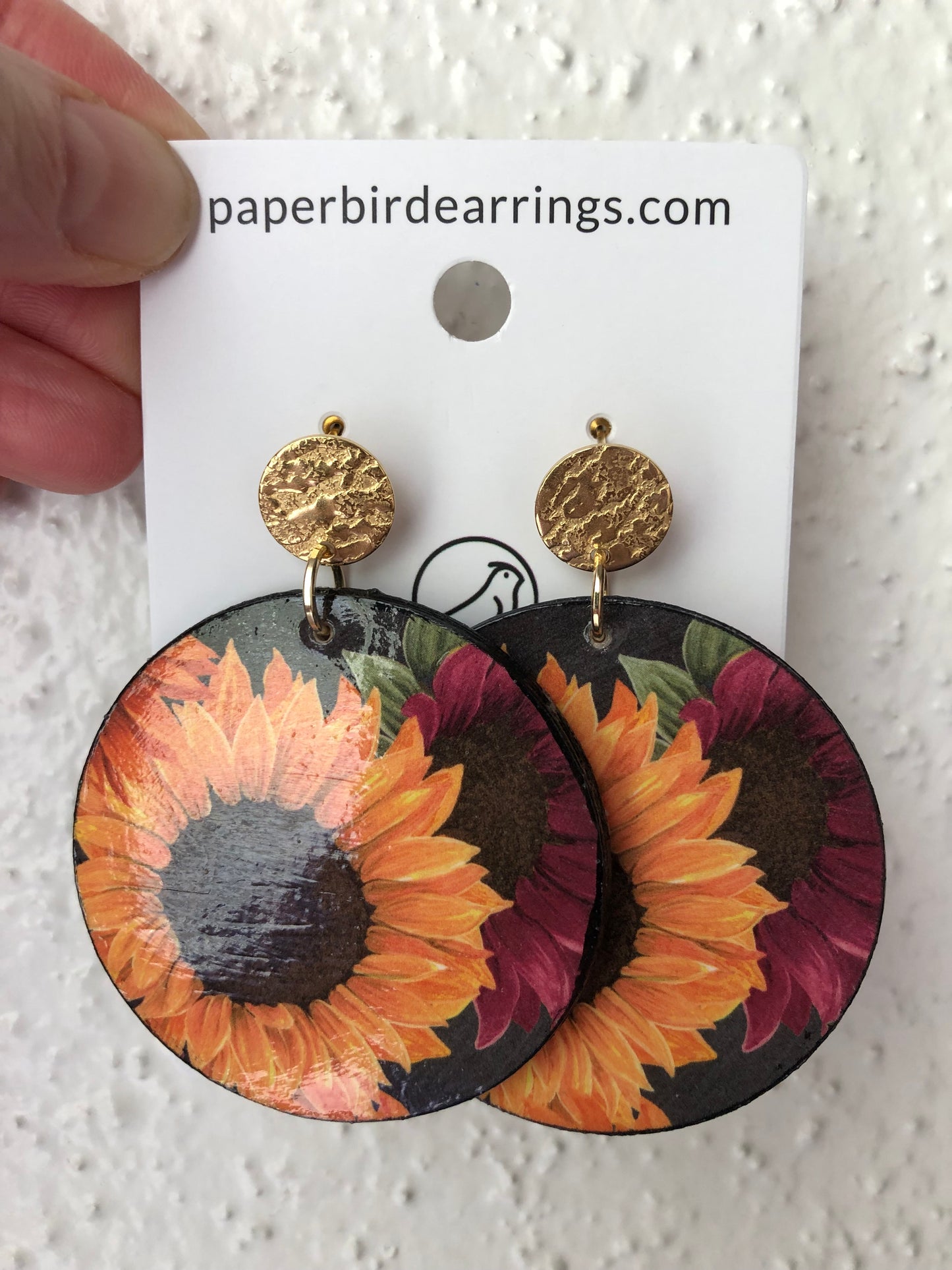 round paper earrings with big sunflower