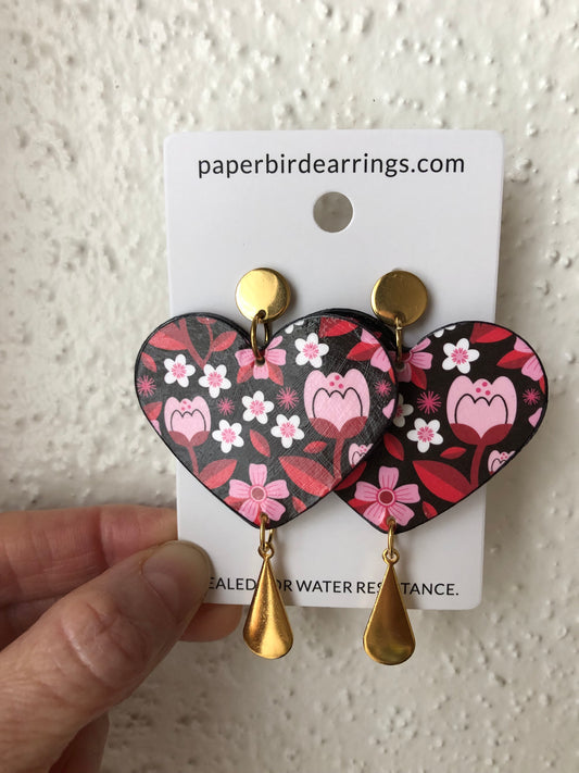 black, red and pink floral design heart shaped earrings