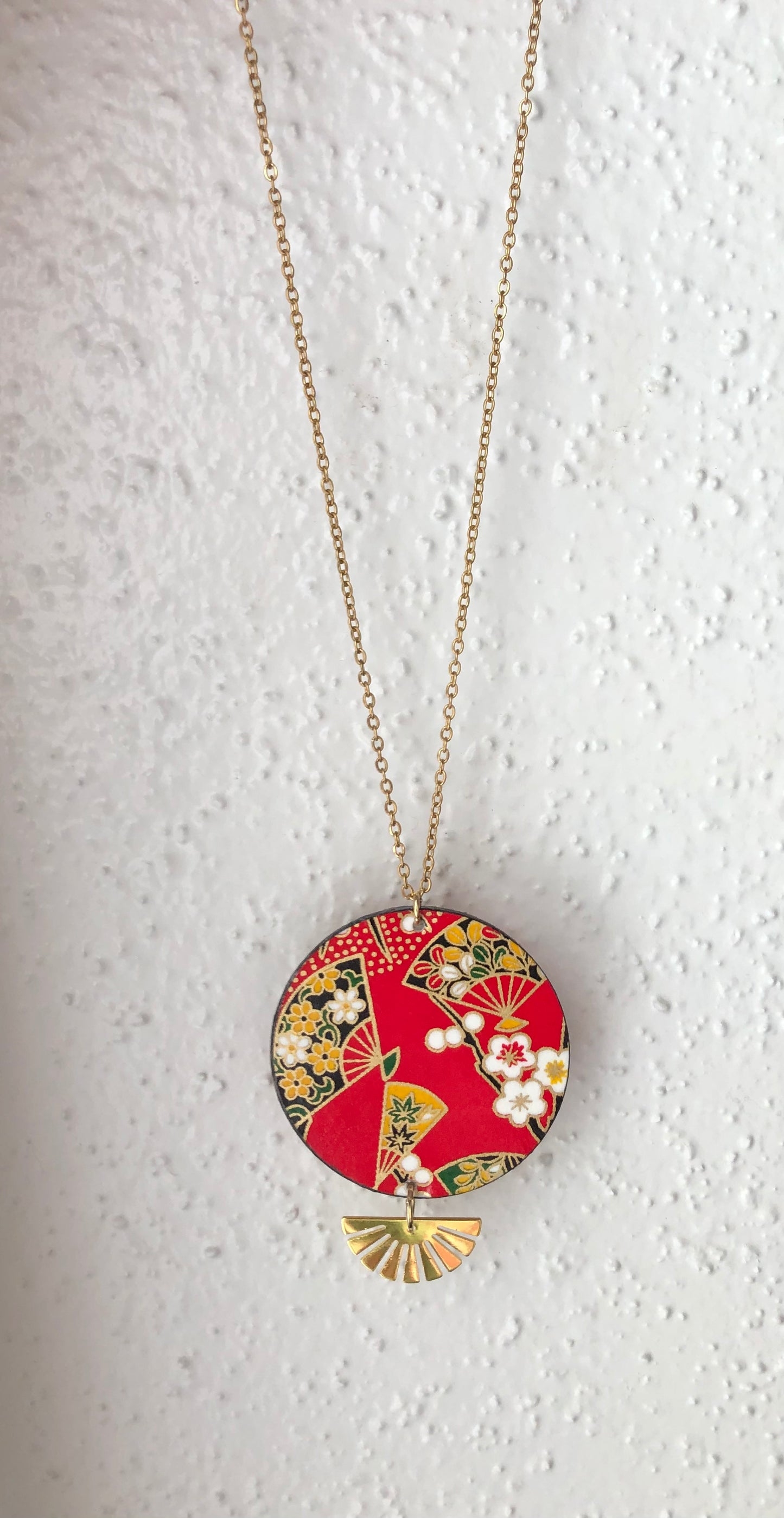 Necklace with a round, red colorful pendant handmade paper necklace