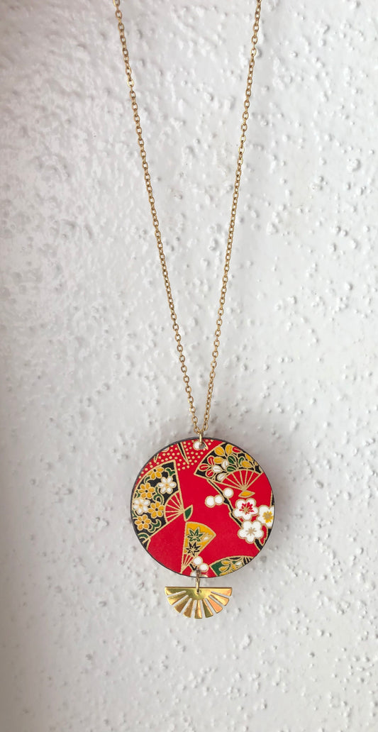 Necklace with a round, red colorful pendant handmade paper necklace