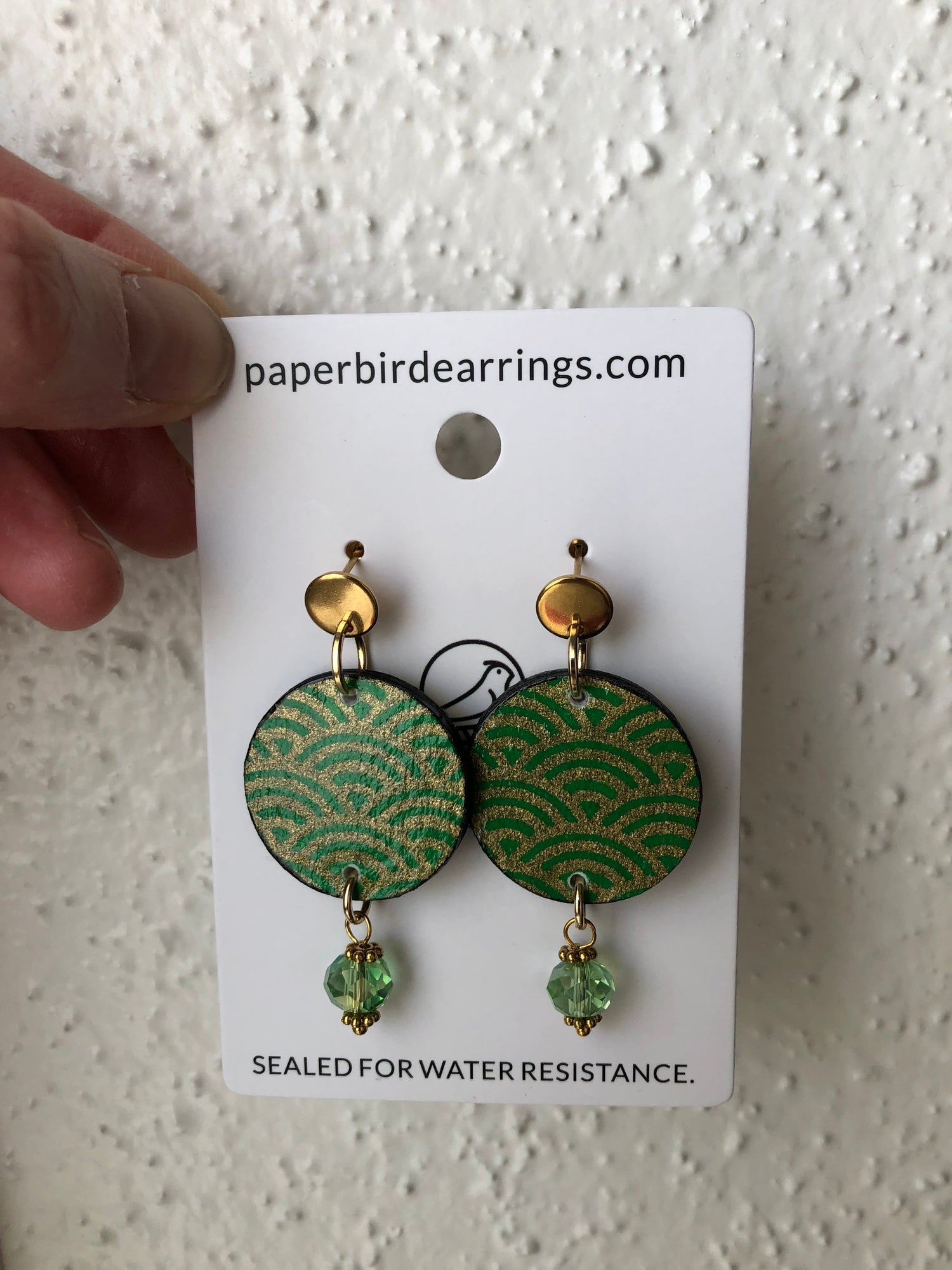 Green patterned and gold paper earrings 