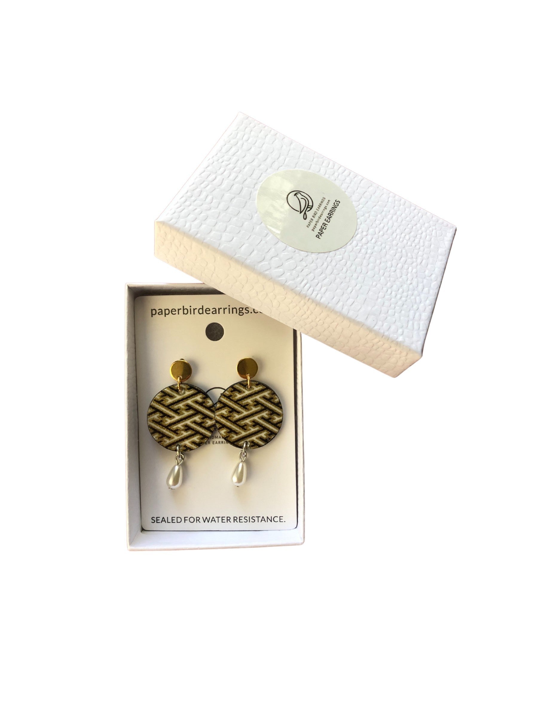 Pair of earrings in a box with a white background