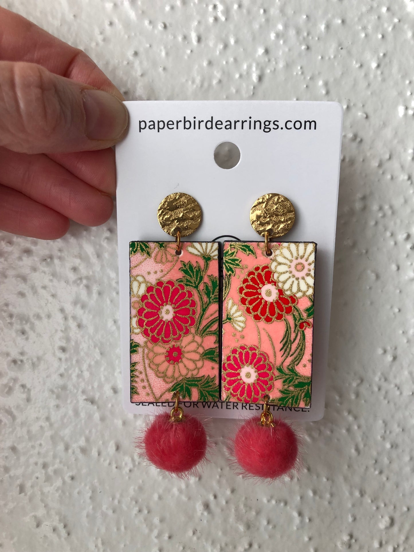 Floral earrings with red flowers and gold accents with pompom handmade paper earrings paper bird earrings