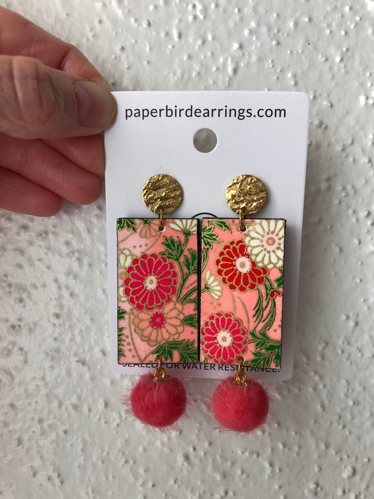 Floral earrings with red flowers and gold accents with pompom handmade paper earrings paper bird earrings