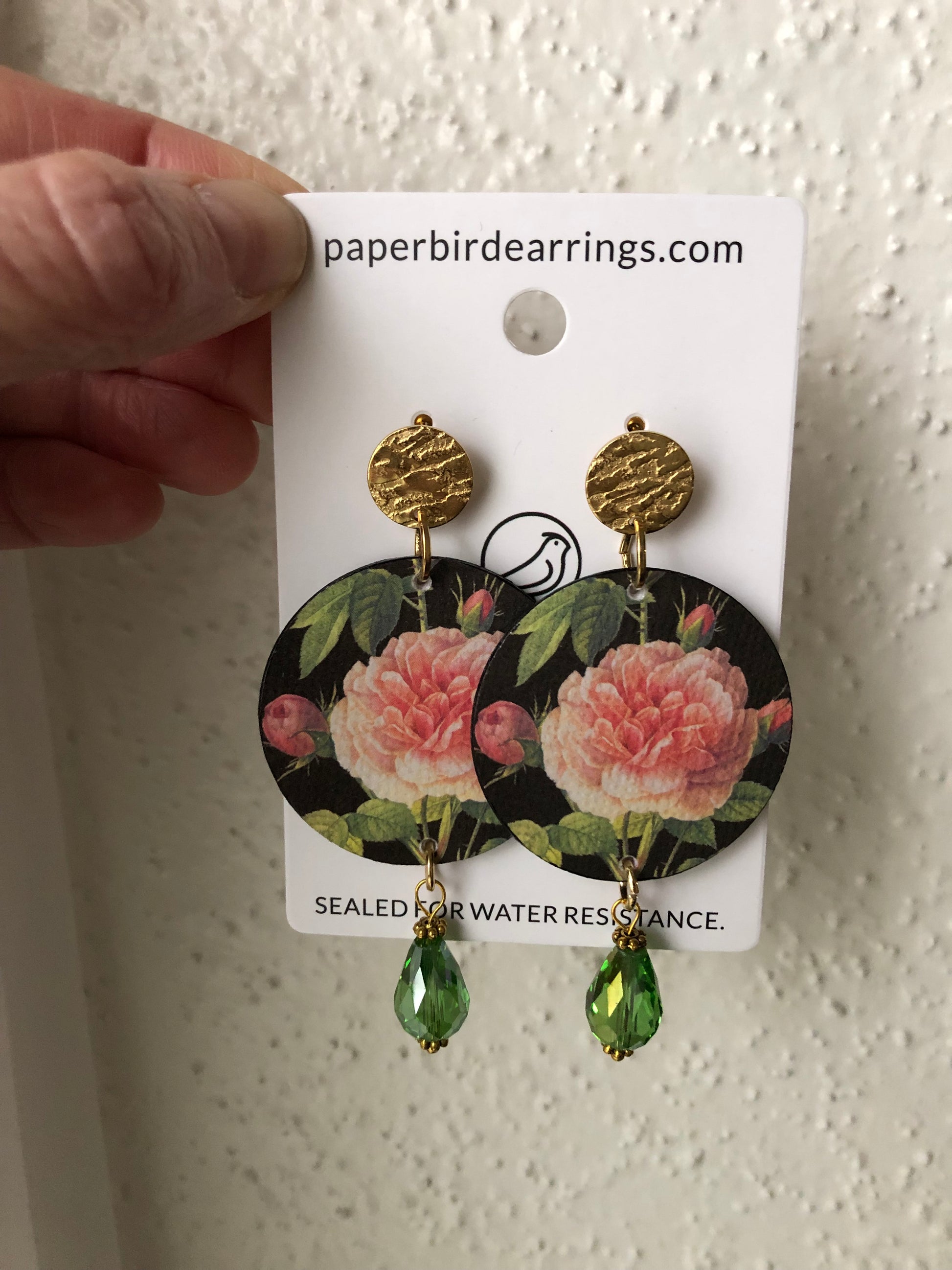 handmade paper earrings grandiflora roses design with green beads
