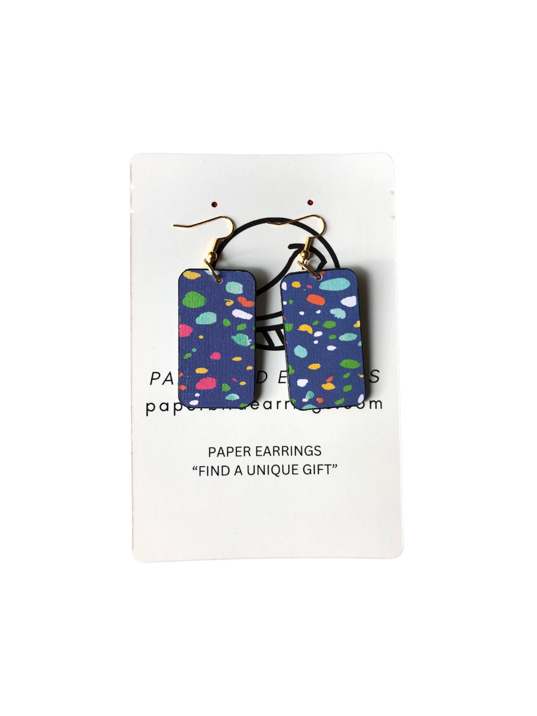 Colorful paper earrings on a white card with 'Paper Earrings' branding.
